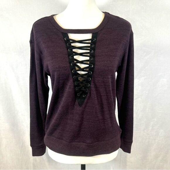 Plunging vneck lace up wine and black sweater size small - Picture 1 of 5